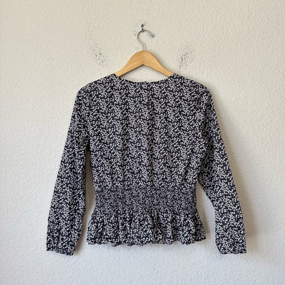 J. CREW Liberty L/S Floral Smocked Waist Blouse Top in Navy Sz S EUC W6947 - Picture 6 of 12